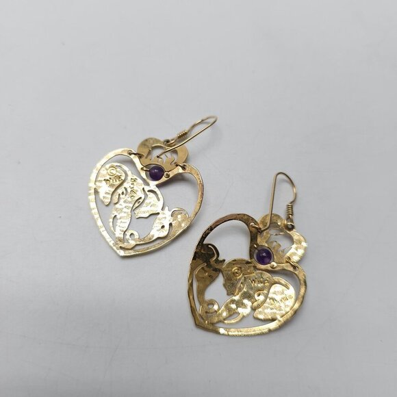 Wild Bryde Gold Plated Elephant Heart Dangle Earrings With Amethyst Beads - Picture 4 of 6